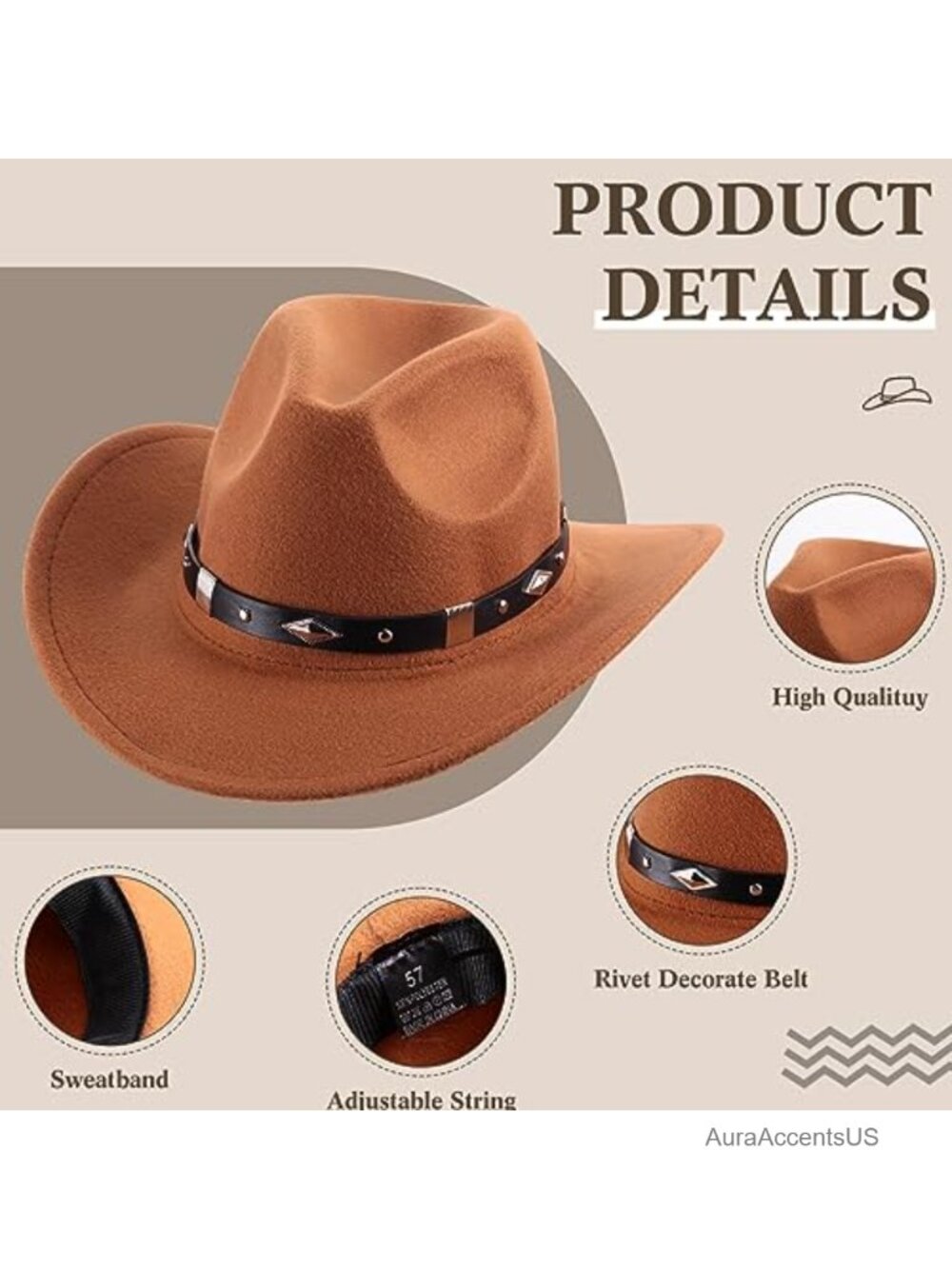 Felt Cowboy Hats for Women Adjustable Wide Brim Western Party Set of 5 - Picture 2 of 6